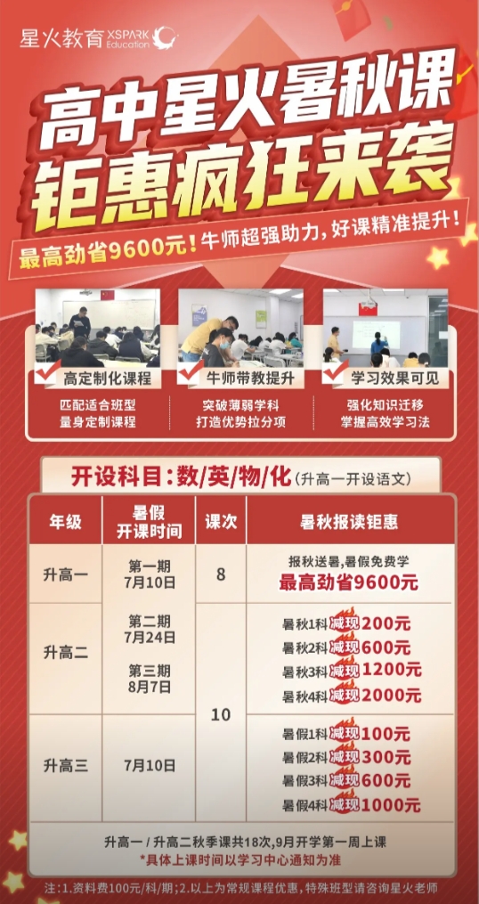 扬州星火教育暑假班收费表（2024版）