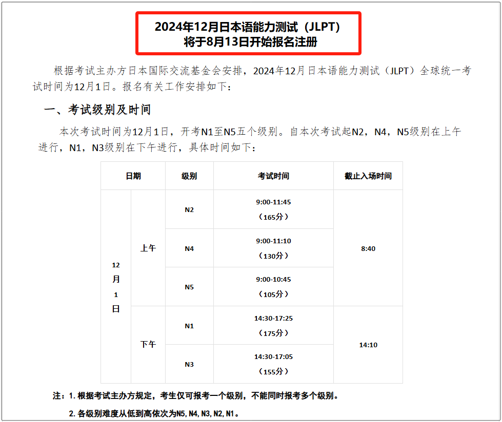 2024年12月日本語能力測試(JLPT)即將報名，注意時間變動！